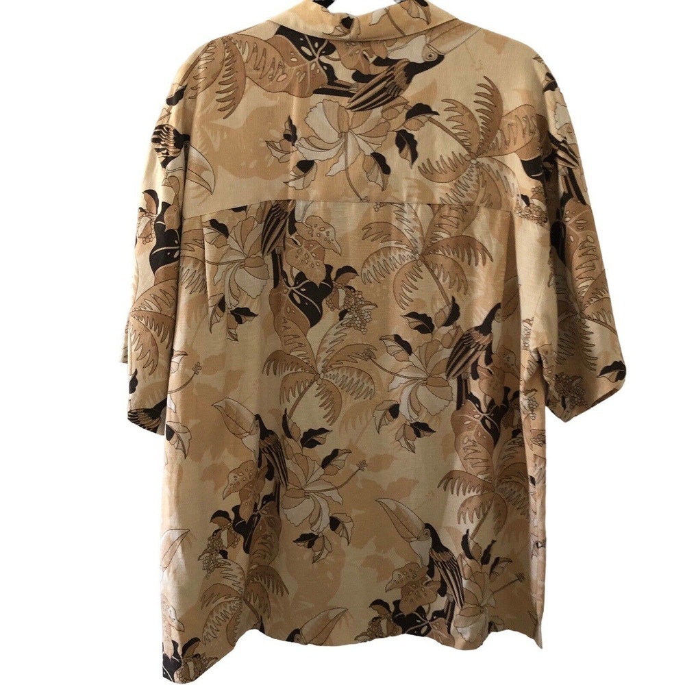 Bermuda Bay 100% Silk Floral Toucan Print Hawaiian Shirt Sz XL Brown Button Up - Picture 9 of 9